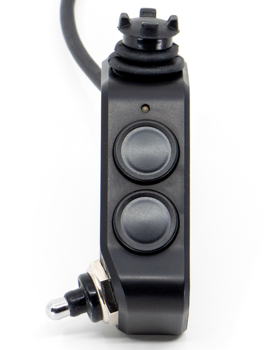 Shows DMD Remote front side with 360° Joystick two buttons and switch