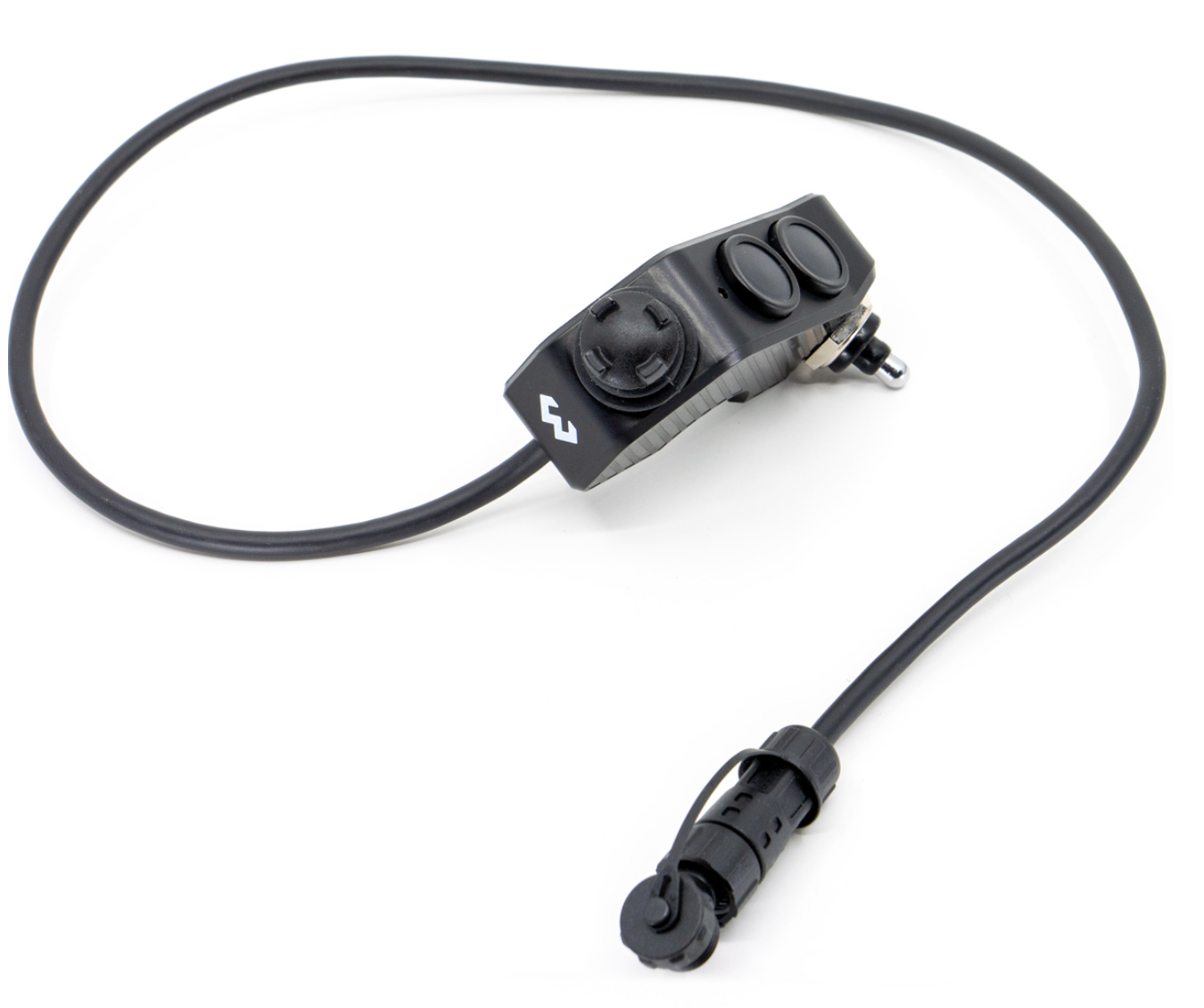 Shows DMD Remote front side with 360° Joystick two buttons and switch with connector cable