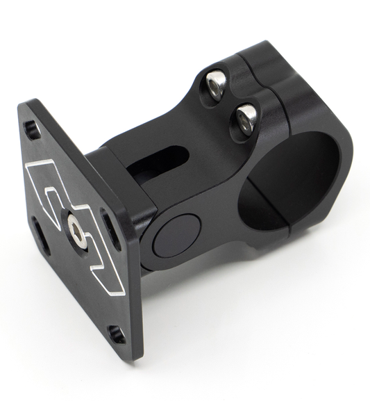 The image shows the DMD 28mm AMPS Bracket SE, a specialized aluminum mounting bracket with minimal visible screws and an adjustable AMPS plate. The bracket features decorative carvings and is designed to attach to a 28mm bar, extending 3.3 cm to the AMPS plate surface.
