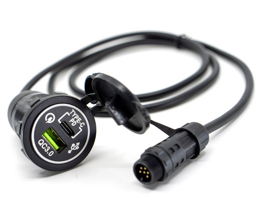 Shows DMD USB Device Charger for T865 Harness with USB Type A and C Port
