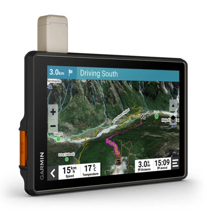 Shows front view of the Garmin Tread® – Overland DMD2 Edition (8″) with satellite image on screen