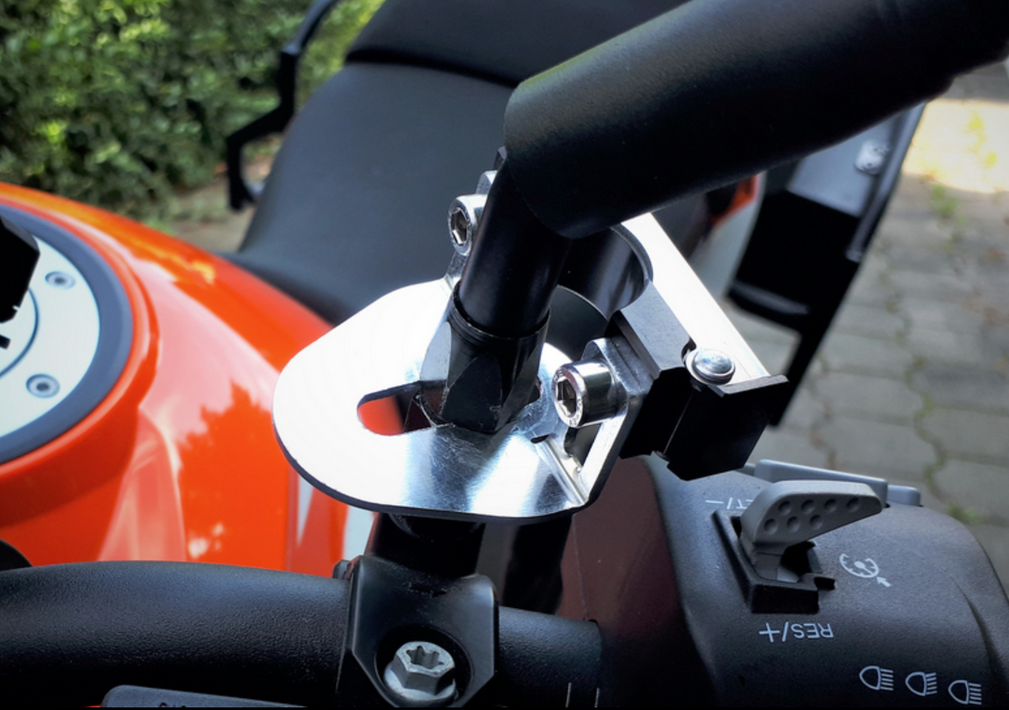 Shows Mirror Bracket M8 mounted on a KTM