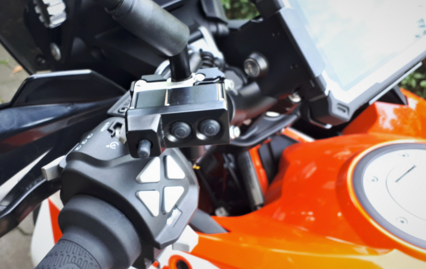 Shows Mirror Bracket M8 mounted on Side mirror mount