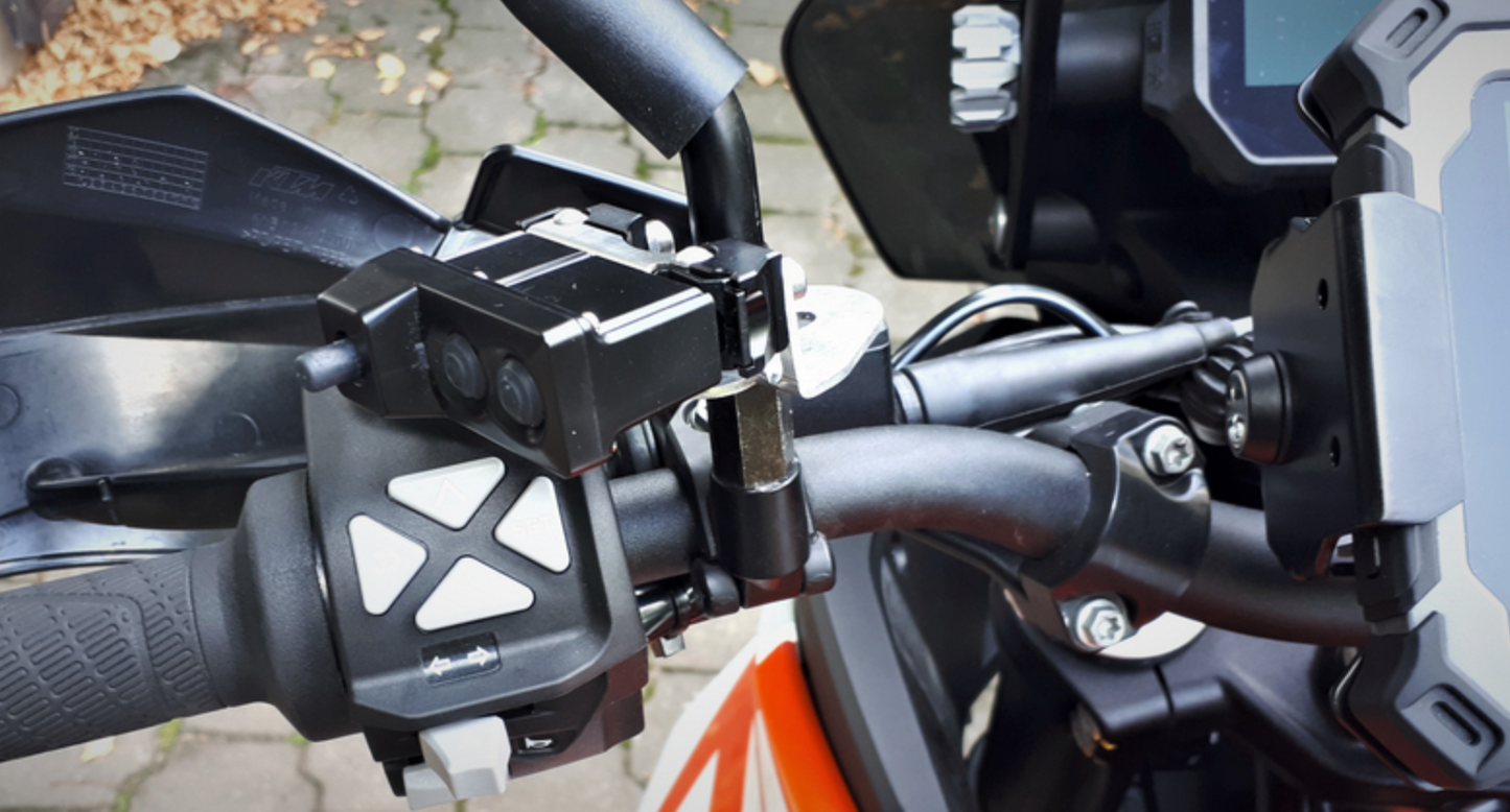 Shows Mirror Bracket M8 mounted on Side mirror mount detail two