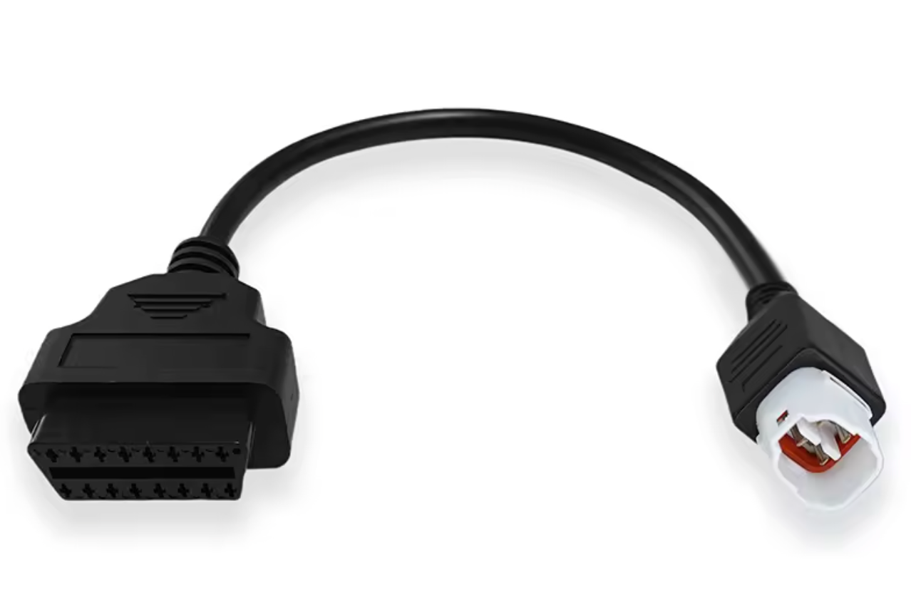 The image shows a black cable with a four-pin Yamaha connector on one end and a 16-pin OBD connector on the other end.