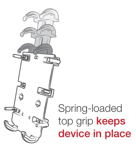 Shows RAM Quick-Grip XL Phone Holder with 1“ Ball technical drawing of spring-loaded top grip is working