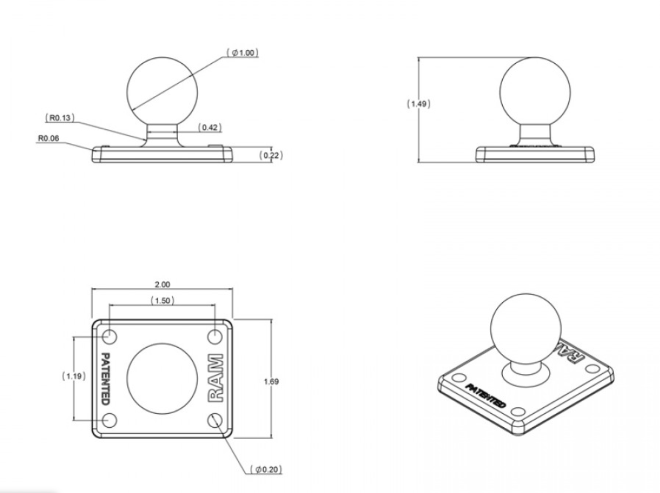 Shows technical drawing of AMPS base plate with 1" ball