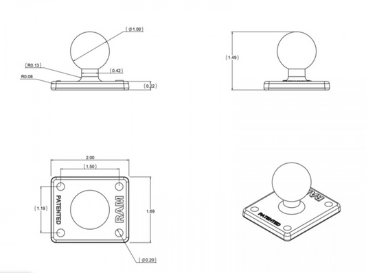 Shows technical drawing of AMPS base plate with 1" ball