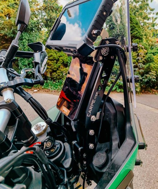 Shows the Yamaha Tenere 700 GPS bracket (TFT dash) installed on the motorcycle.