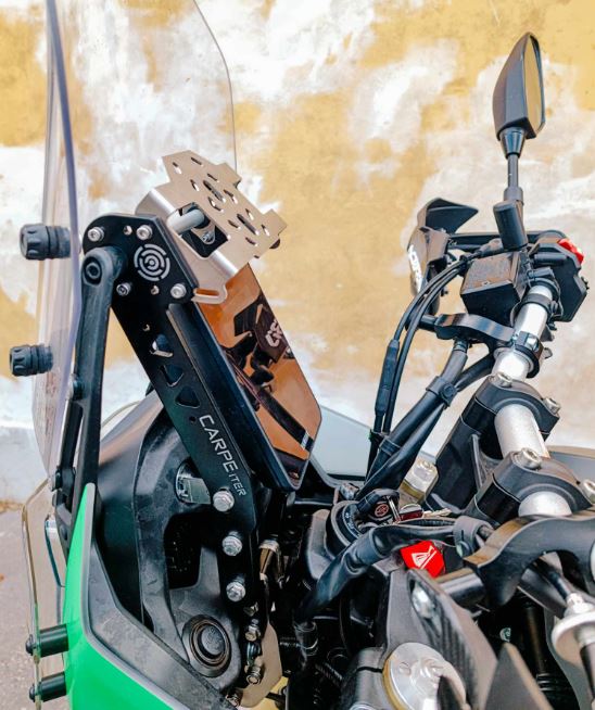 Shows the Yamaha Tenere 700 GPS bracket (TFT dash) installed on the motorcycle.