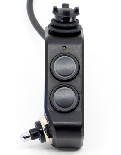 Shows DMD Remote front side with 360° Joystick two buttons and switch