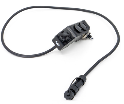 Shows DMD Remote front side with 360° Joystick two buttons and switch with connector cable
