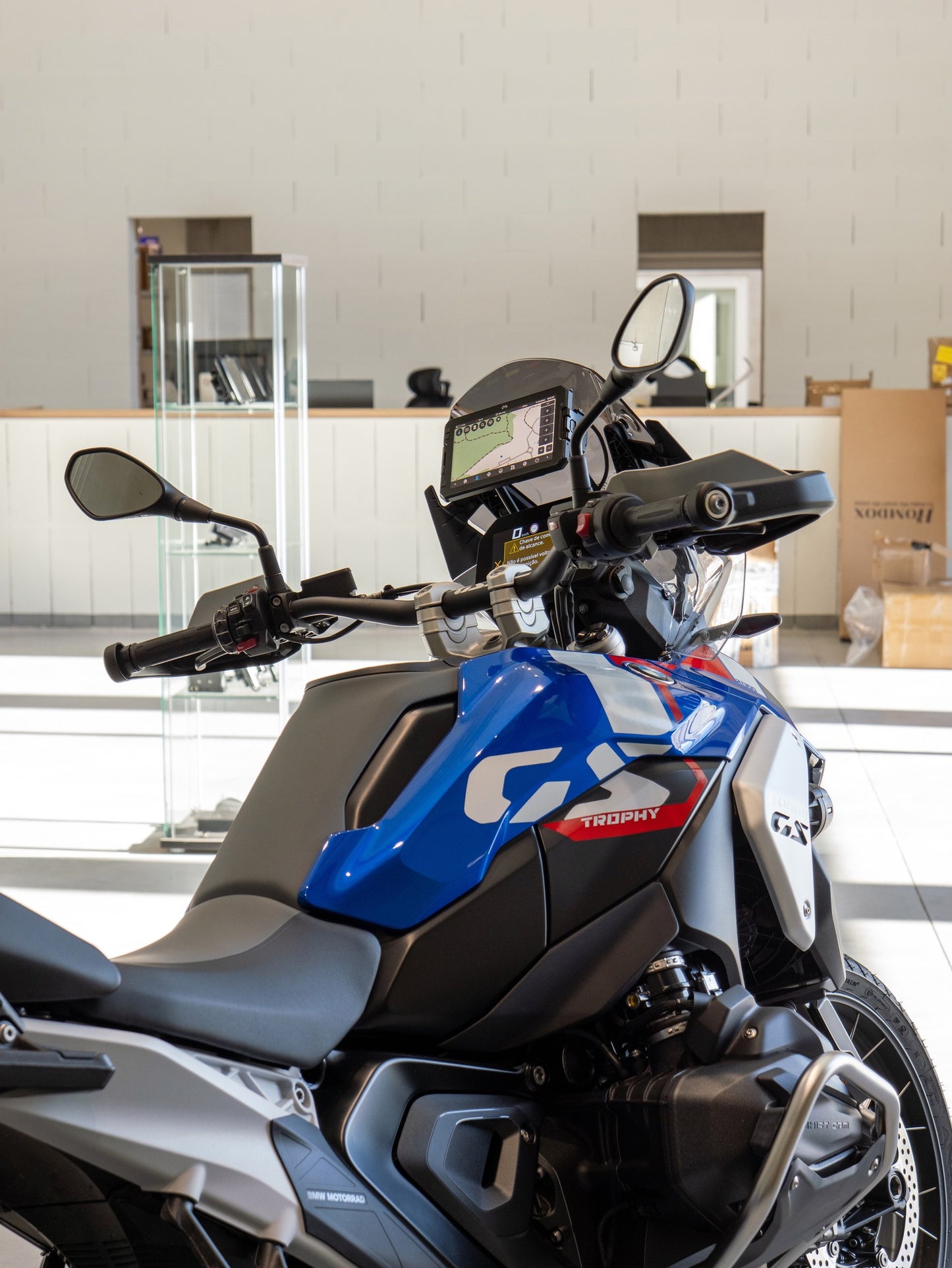 Shows the NOR7E Device mounted on a BMW GS Motorcycle.