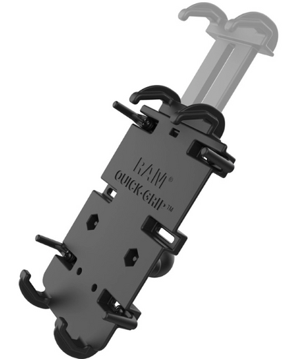 Shows RAM Quick-Grip XL Phone Holder with 1“ Ball an his possible length of the upper fixation