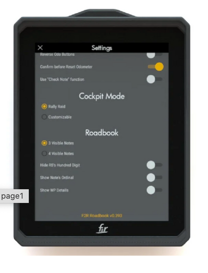 Shows the Roadbook and GPS-Navgationsystem Y1000 with setting page 2 on screen 