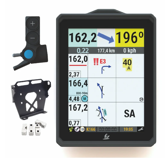 Shows the f2r Roadbook and GPS-Navigation Device Y1000 with with the included accessories in the set